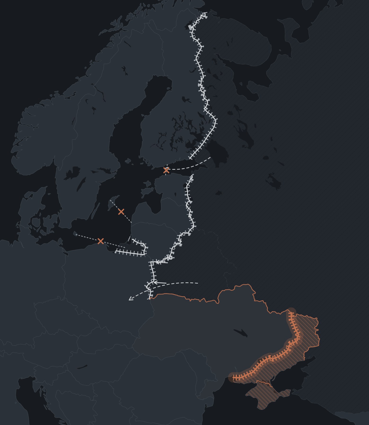 Map of Europe’s eastern flank from the Barents Sea to the Black Sea, showing hardened borders with Russia and Belarus, the front line and occupied territory in Ukraine, migration pressure, airspace incursions and severed Baltic Sea cables