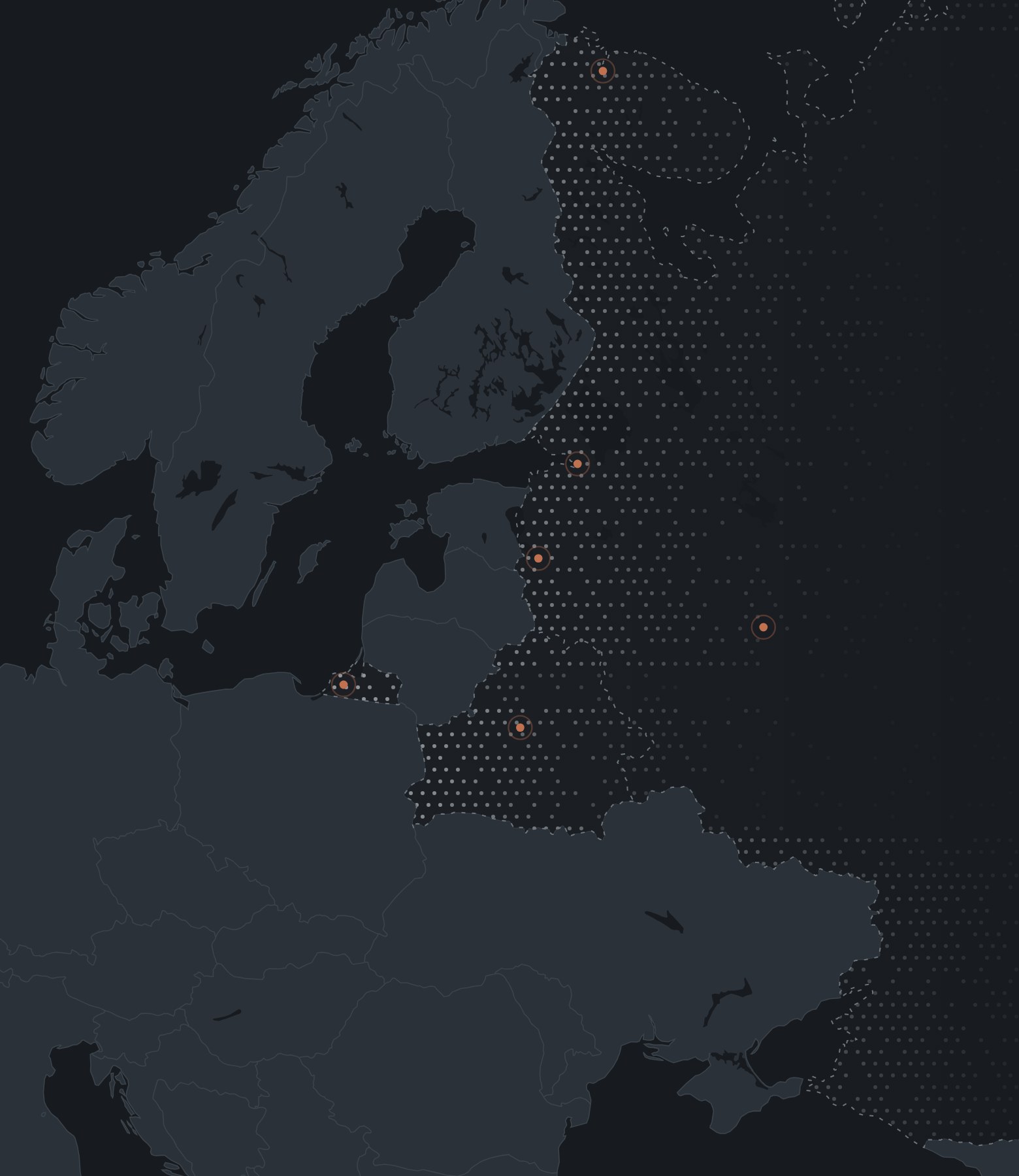 Map of Northern and Eastern Europe in which Russia and Belarus dissolve into a fading field of dots, outlined only by a faint dashed line, with a handful of remaining observation points