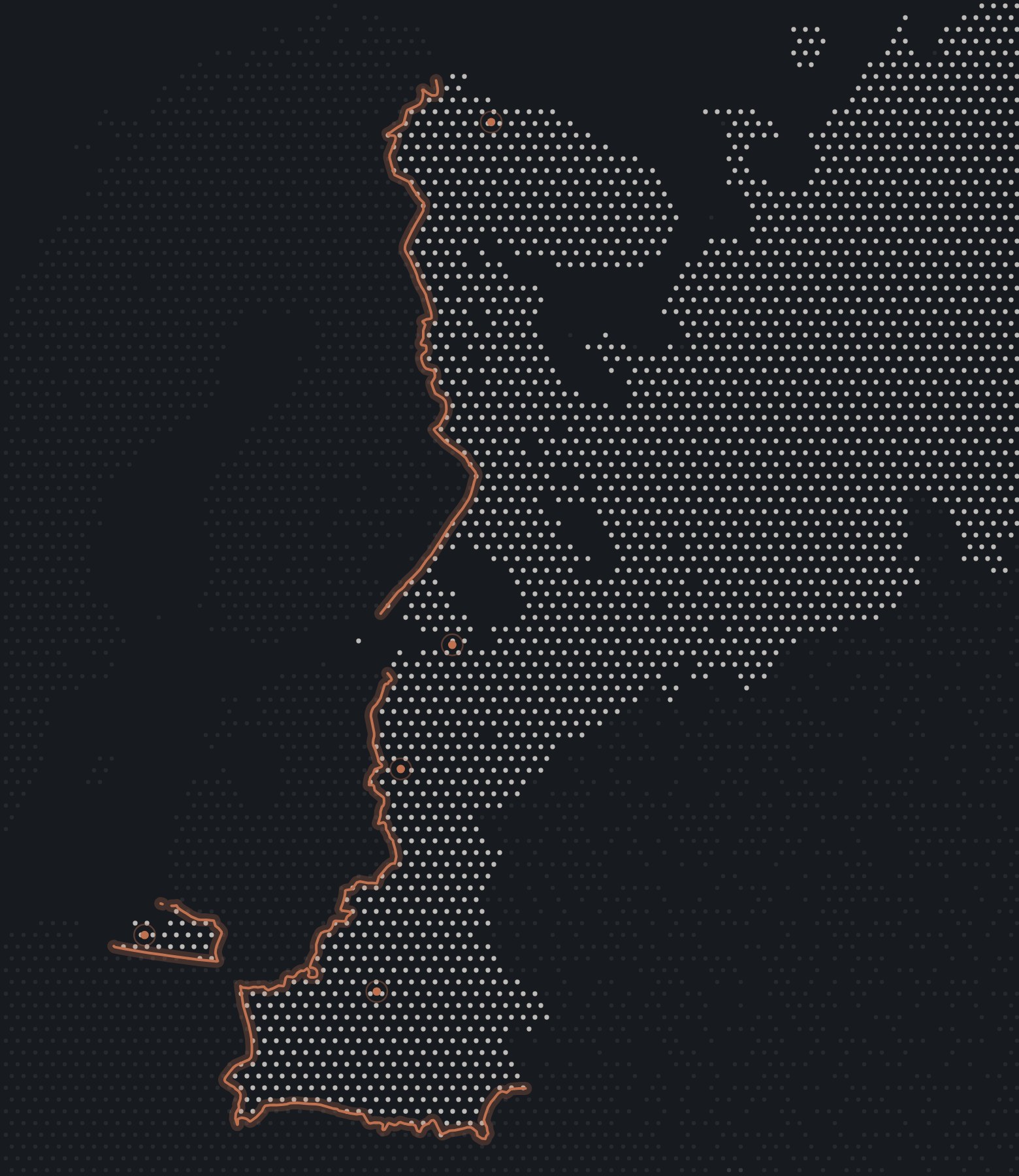 Dot map of northern Europe in which northwestern Russia, Kaliningrad and Belarus are lit, the rest of Russia fades, and a rust line traces their border with Europe